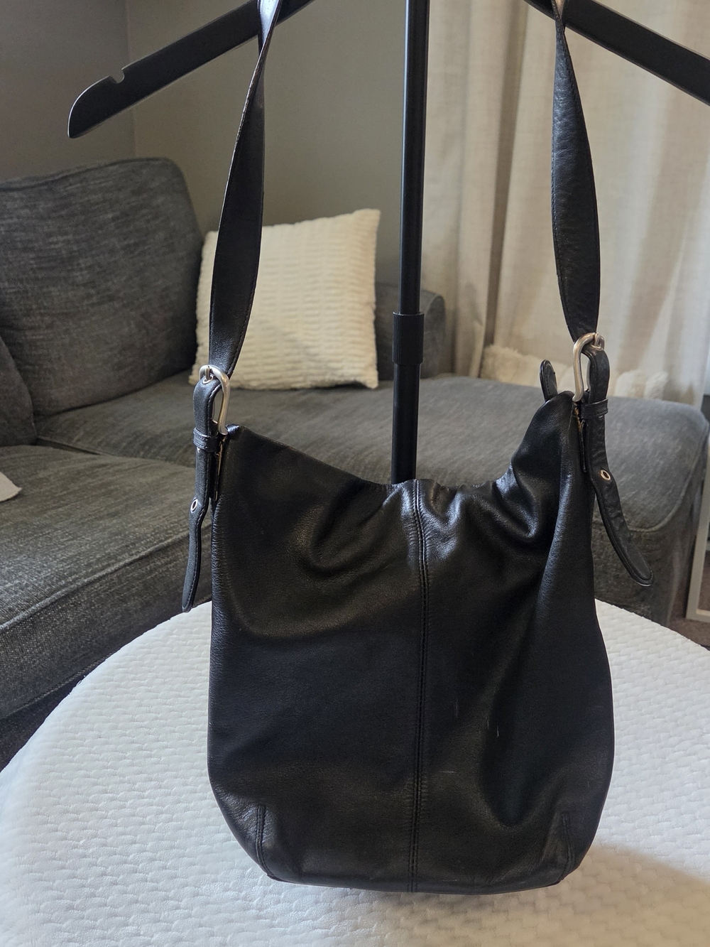 Eddie Bauer Black Leather Hobo Shoulder Bag Silver Buckle Hardware